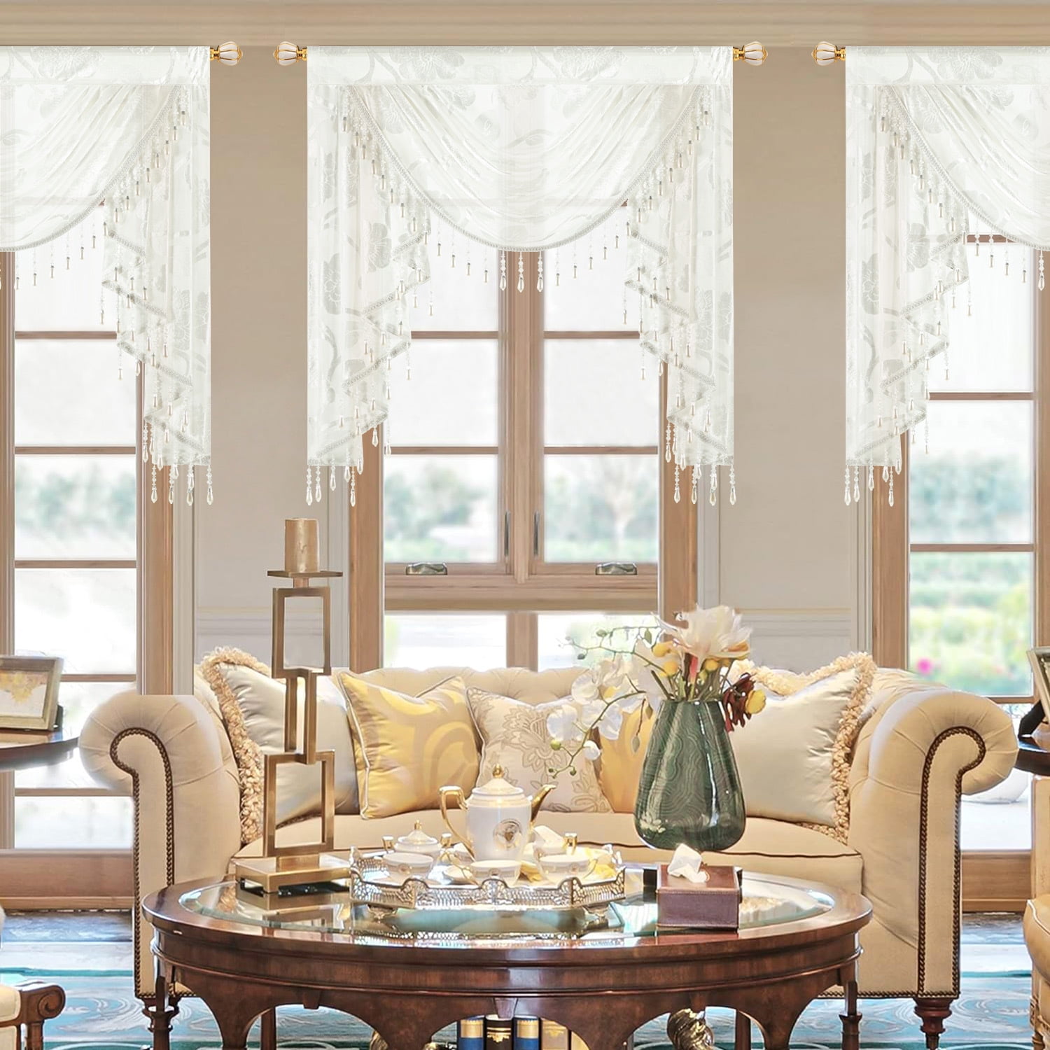 VOGOL White Jacquard Waterfall Valance Curtain with Beaded Tassels, Floral Sheer Drapery, 43x39 Inches, Classic Farmhouse Window Decor
