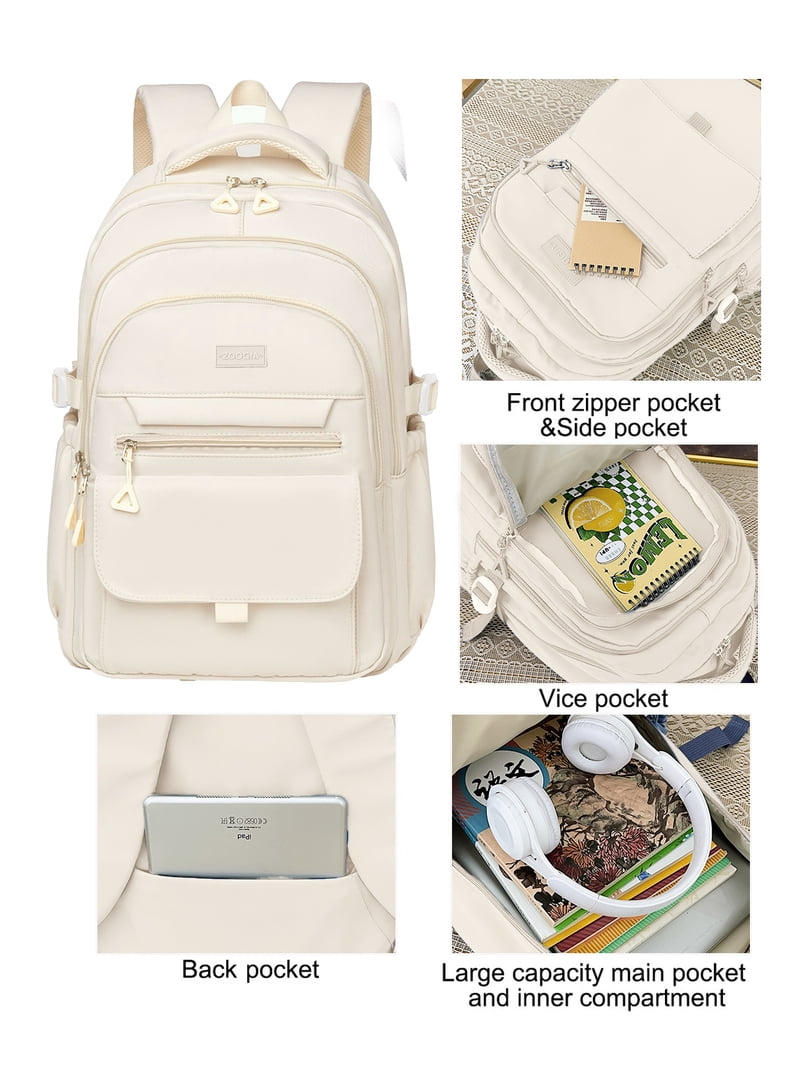 DAKIMOE Aesthetic School Backpack for Teens Women, Beige  display picture 1