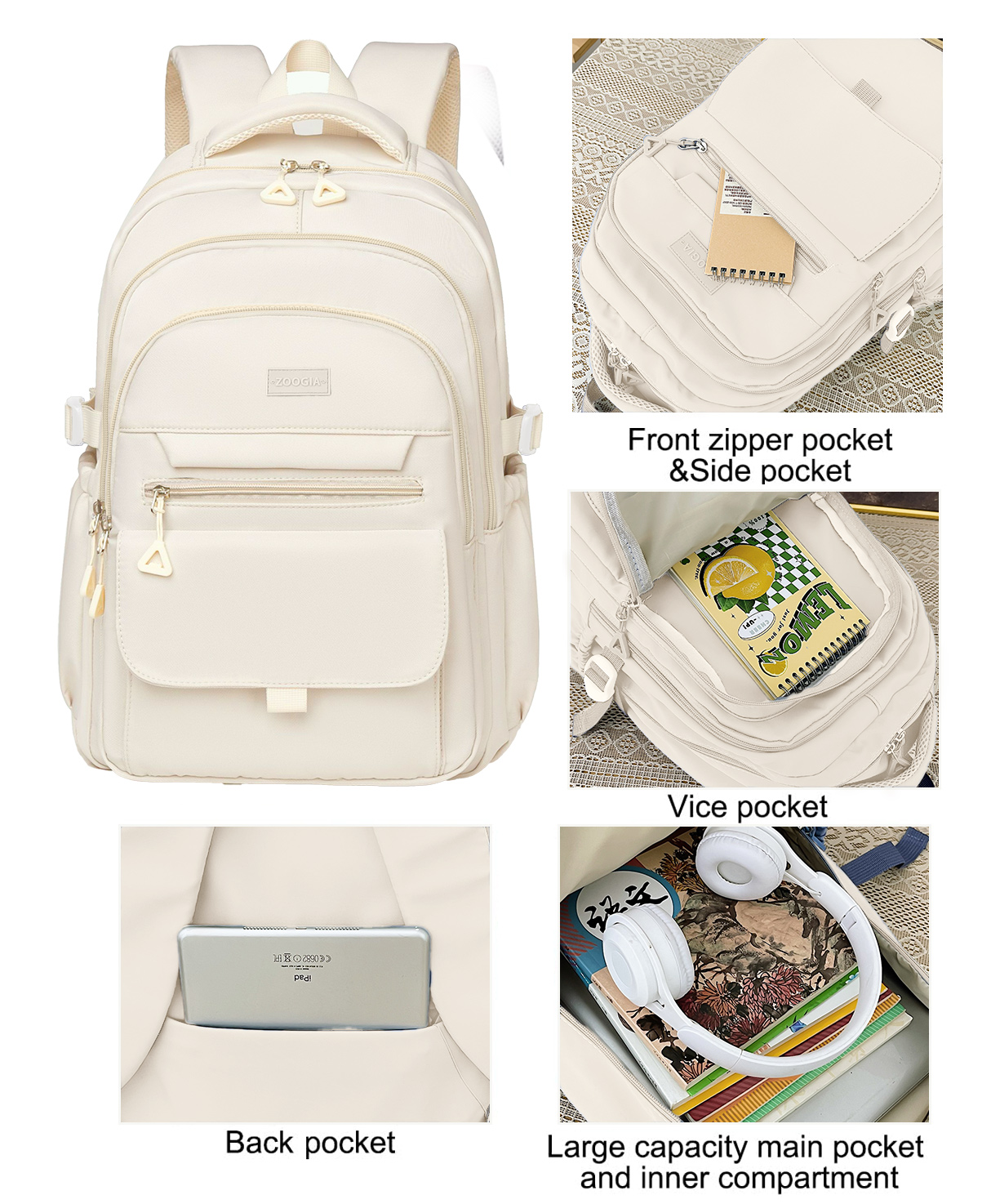 DAKIMOE School Backpack, Beige photo 4
