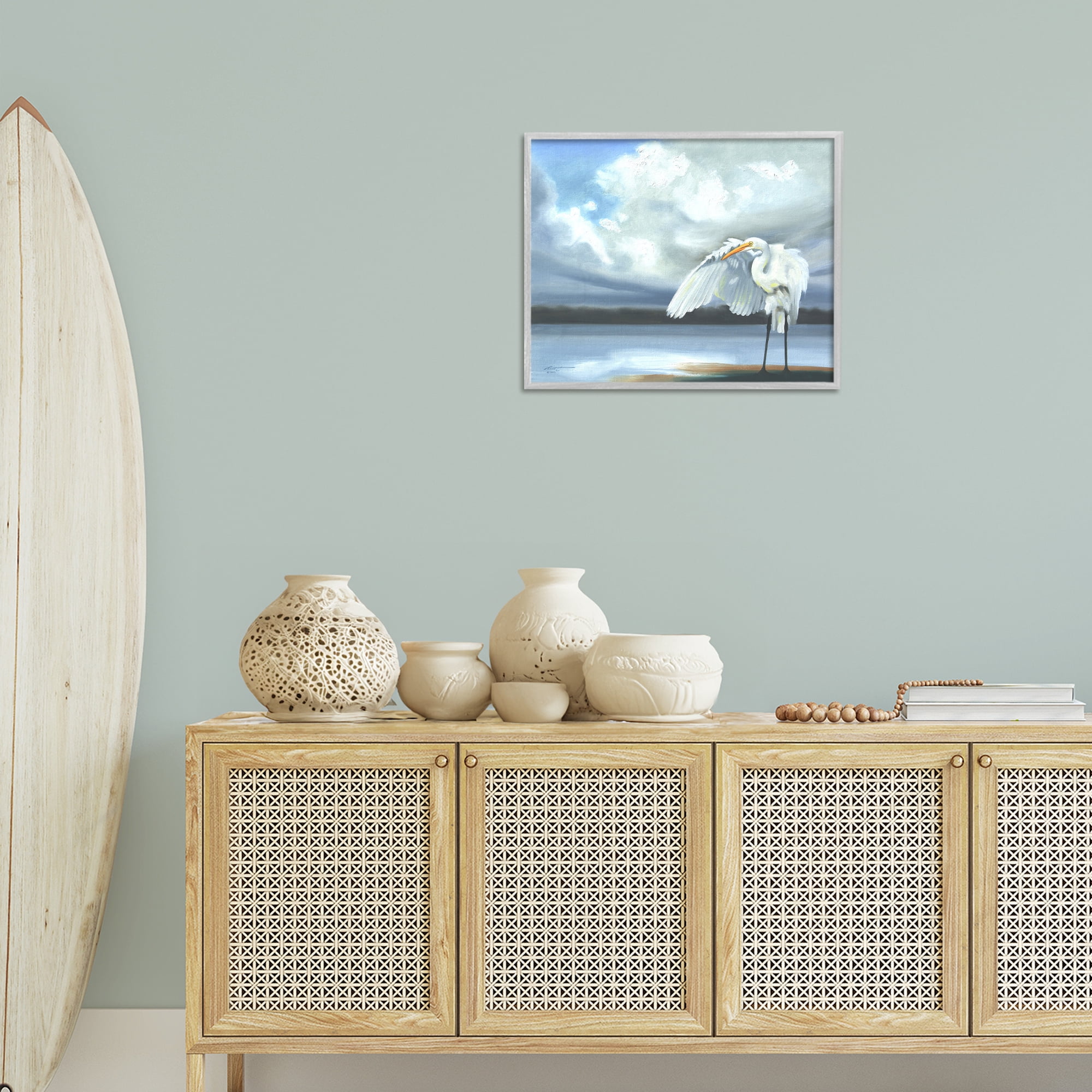 Stupell Industries Egret on Cloudy Beach Shore Animals & Insects Painting Gray Framed Art Print Wall Art, 20 x 16