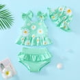 thumbnail image 2 of KIMI BEAR Infant Baby Girls Swimsuit Sets 18-24 Months Sleeveless Bows Off the Shoulder Top Floral Tank Top Solid Color Ruffle Shorts with Hat 3pcs Bathing Sets Green, 2 of 9