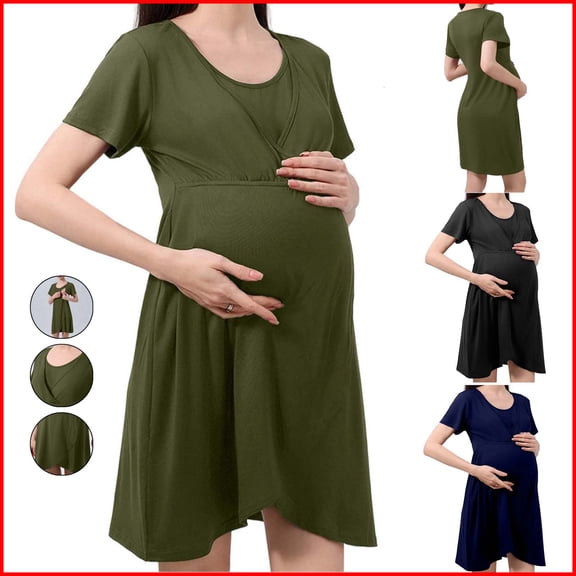 Frostluinai Maternity Nursing Nightgown for Women Short Sleeve Scoop Neck Comfy Pregnancy Midi Dress Casual Loose Loungewear Sleepwear Army Green XXL