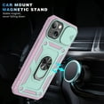 thumbnail image 6 of JTCASES for iPhone 13 Mini Case, Sliding Camera Cover+ Rotating Ring Kickstand + Magnetic Car Mount + Inside Card Holder, Bracket Shockproof Frame Anti-drop PC TPU Heavy Duty Protection, Green/Pink, 6 of 11