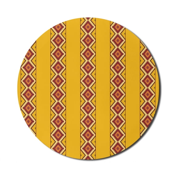 Ethnic Mouse Pad for Computers, Oriental Traditional Ornaments Zigzags Eastern Vibes in Vibrant Tones, Round Non-Slip Thick Rubber Modern Mousepad, 8" Round, Earth Yellow Multicolor, by Ambesonne