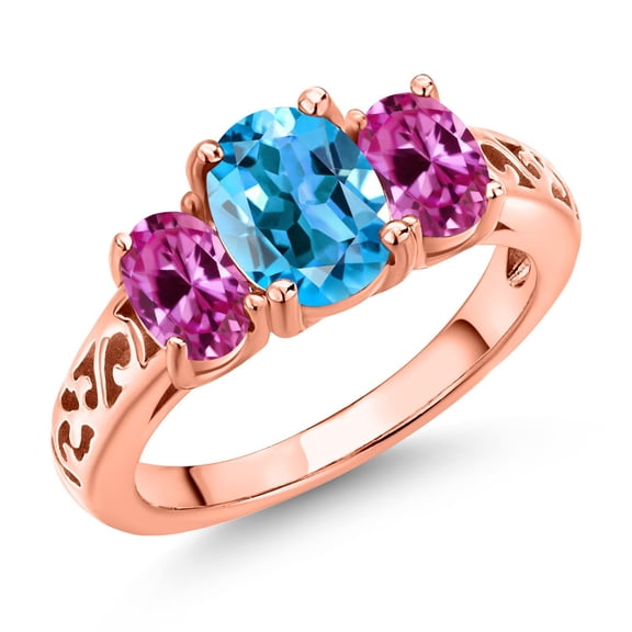 Gem Stone King 18K Rose Gold Plated Silver Swiss Blue Topaz and Pink Created Sapphire Filigree Style 3 Stone Ring for Women (2.50 Cttw, Oval 8X6MM and 6X4MM) (Size 7)