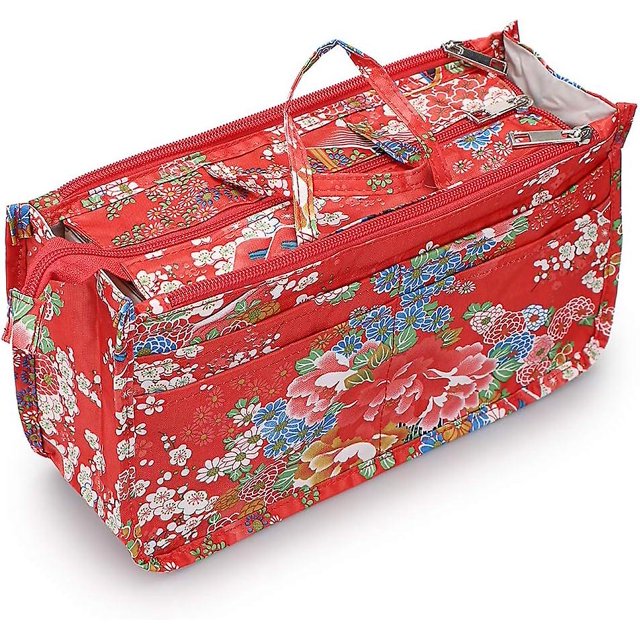 Bolso de mano con inserto impreso Organizador de bolso de mano 13 bolsillos Forro expandible Bolsa con cremallera Organizador de bolso de mano Inserto de bolso de pañales con asa (Flor roja)