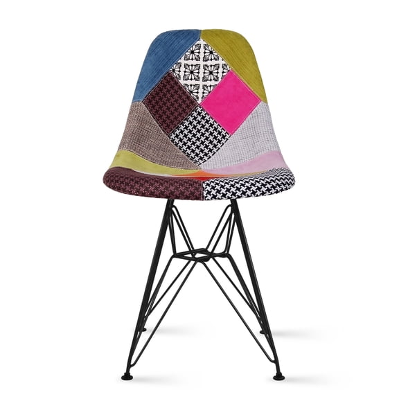 2xhome - Multicolor Patchwork Ann - Modern Upholstered Side Fabric Chair Patchwork Multi-pattern Eiffel Wire Base Dining Room Chair No arm, Set of 1, 1 piece