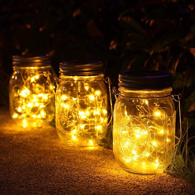 Paquete de 3 lámparas solares para jardín, 20 linternas LED solares para exteriores en tarro de albañil resistentes a la intemperie, luces de hadas en vidrio, luces solares para decoración de jardín