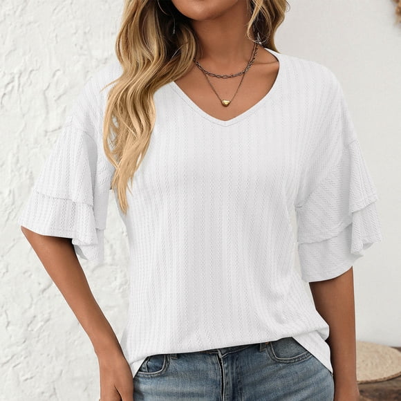 aidice T Shirts for Women Ruffled Sleeve V Neck Summer Tops Fashion Loose Fitting Striped Tees Solid Comfy Blouses