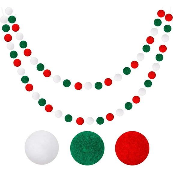 Christmas Felt Ball Garland, Christmas Hanging Garland Christmas Decoration Holiday Decor,Christmas Garland 20mm 30 Balls No DIY Required (2 Pieces,Red,Green and White)