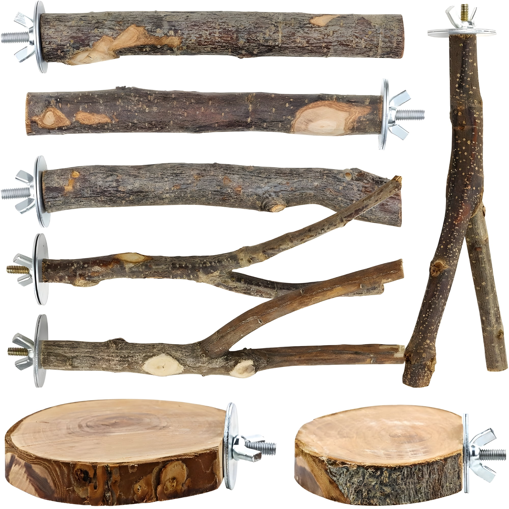 ACDANC 8 PCS Natural Bird Perch Set Apple Wood Platforms & Hardwood Branches for Parakeets, Cockatiels, Lovebirds Natural Cage Accessories, Gym Playstand & Chewing Toys for Small Birds