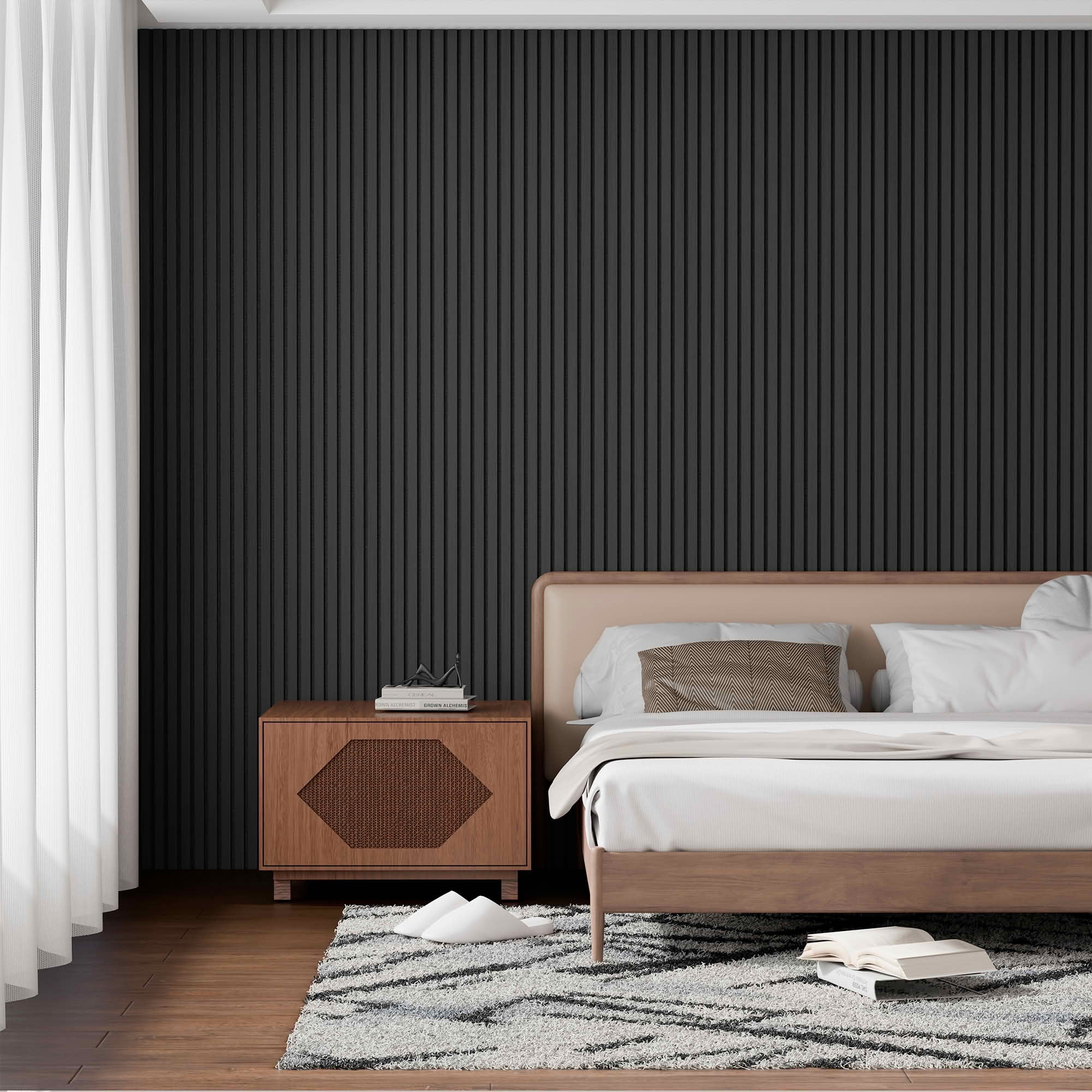 MAYEERTY Black Wood Veneer MDF Sound Absorbing Panel for Wall Decor, 94x12x1 Inch, 2 Pack