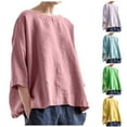 thumbnail image 2 of oqasdz Womens Sweaters Round Neck Cotton Linen Solid Color Thin Long Sleeve Breathable Fall Retro Fashion Tops Casual Cozy Soft, 2 of 6