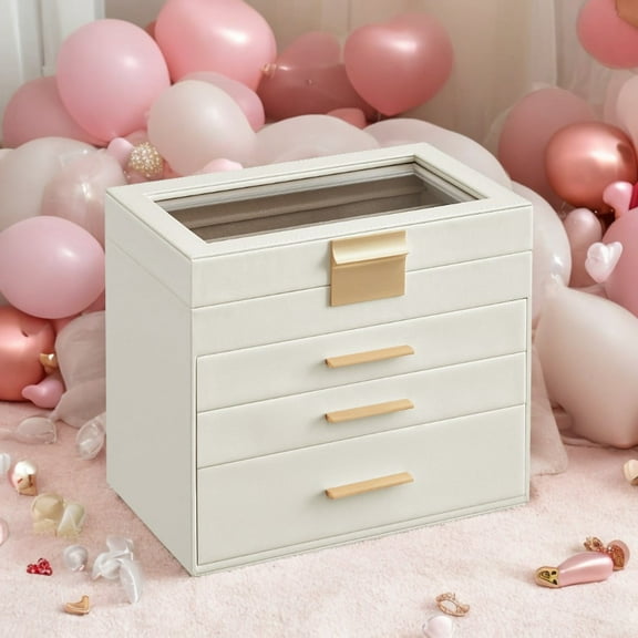 4-Layer Jewelry Organizer, Jewelry Box with Glass Lid 3 Drawers, for Sunglasses, Big Jewelry
