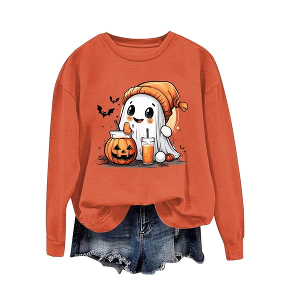 Towmus Halloween Sweatshirts for Women Funny Pumpkin Sweater Cute Print Coffee Graphic Pullover Shirts Crewneck Long Sleeve Shirts Tops