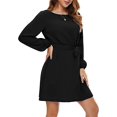 thumbnail image 4 of Vestido corto elegante de mujer con manga larga, cuello barco, lazo en la cintura, M JAMW Sencillez, 4 of 5