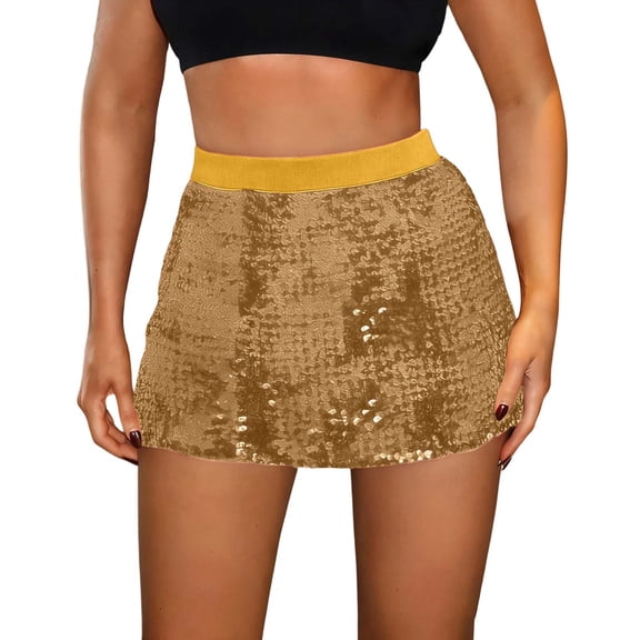 Women Sequin Mini Skirt Elastic Waist Sparkly Bodycon Party Clubwear Short Skirt,Gold,One Size