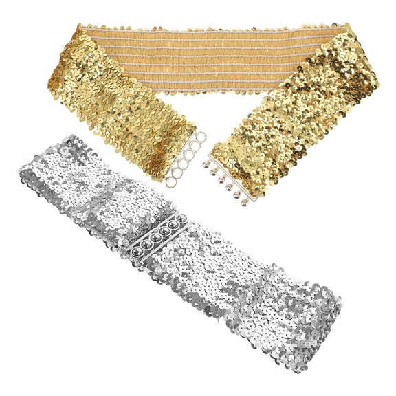2pcs Wide Sequin Stretch Waist Belt Sequin Belt Glitter Elastic Belt Sequins Waist Belt Waistband Shiny Disco Halloween Waist Belt