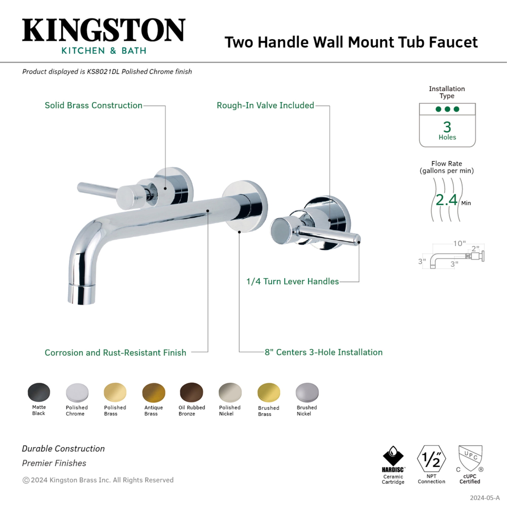 Kingston Brass KS8023DL Concord Two-Handle 3-Hole Wall Mount Roman Tub Faucet in Antique Brass