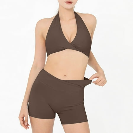 2 Piece Women s Workout Set  Neck Yoga Sports Bra Set  V Shorts with Neck Sports BraBrown s