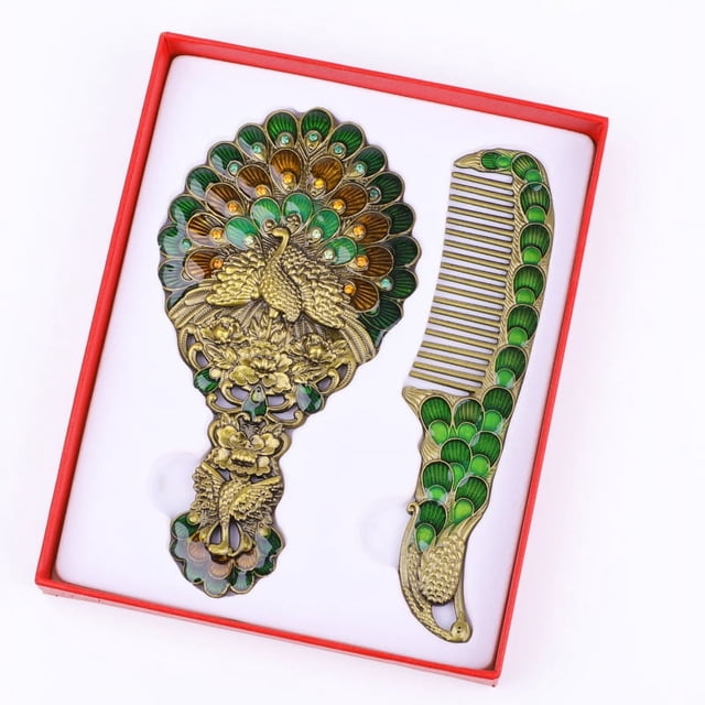 Espejo pequeño con pantalla abierta y diseño de pavo real retro creativo, espejo portátil de regalo, espejo con mango de peine para traje, espejo cosmético