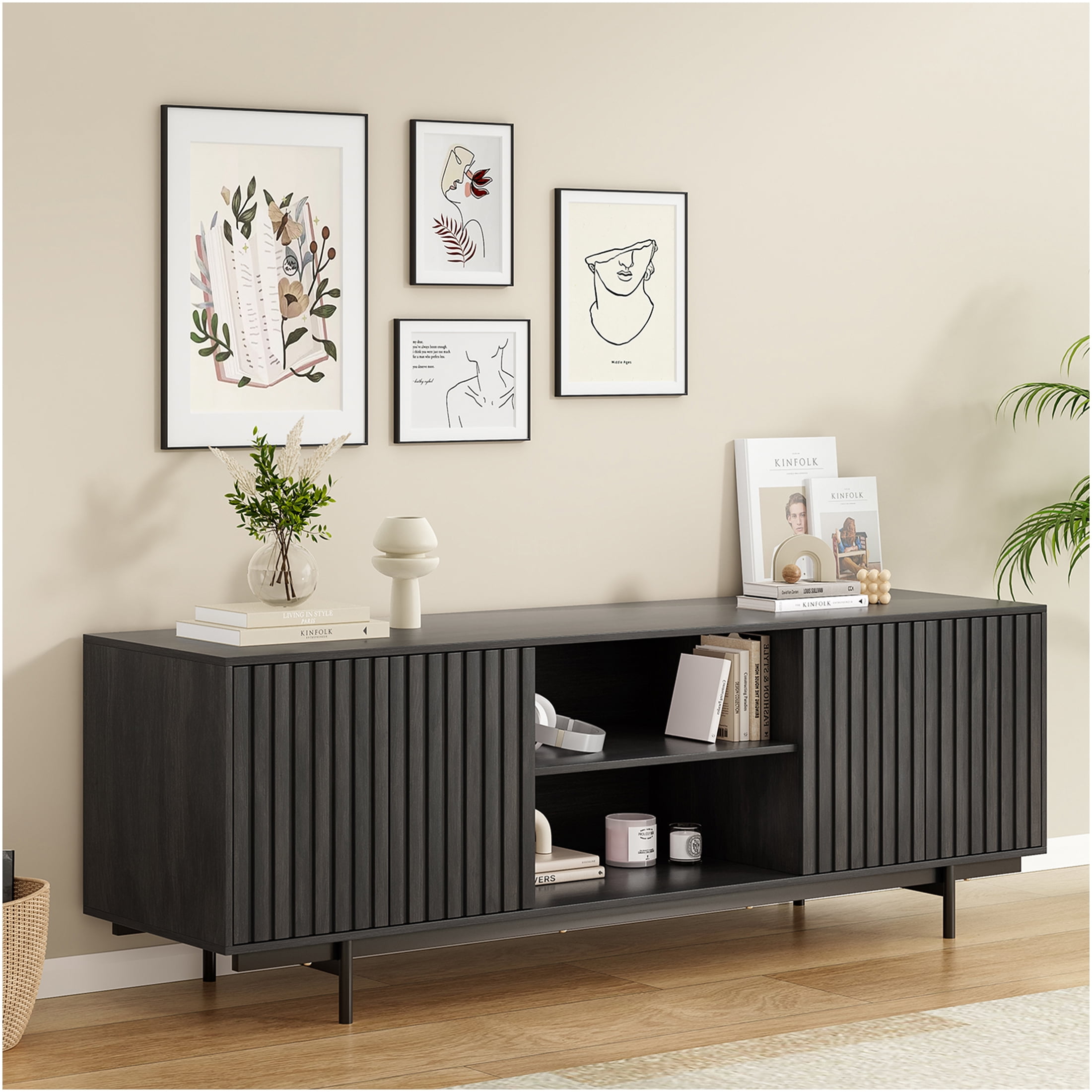 JERFIT 75 inch TV Stand with Pop-Up Doors, Mid Century Modern Entertainment Center with Storage Shelves, Farmhouse Retro Fluted Design for Living Room, Bedroom, Black