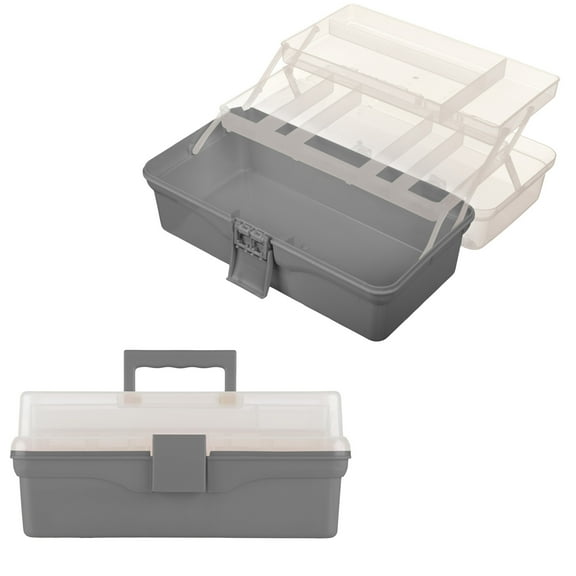 Stalwart 14” Plastic Tackle Box Organizer - 3-Layer Portable Craft Storage Art Caddy, Gray