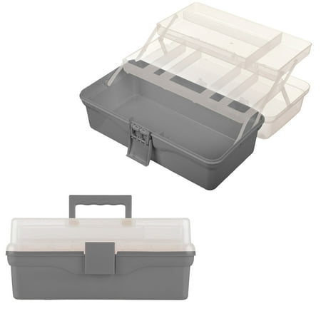 Stalwart 14” Plastic Tackle Box Organizer - 3-Layer Portable Craft Storage Art Caddy, Gray