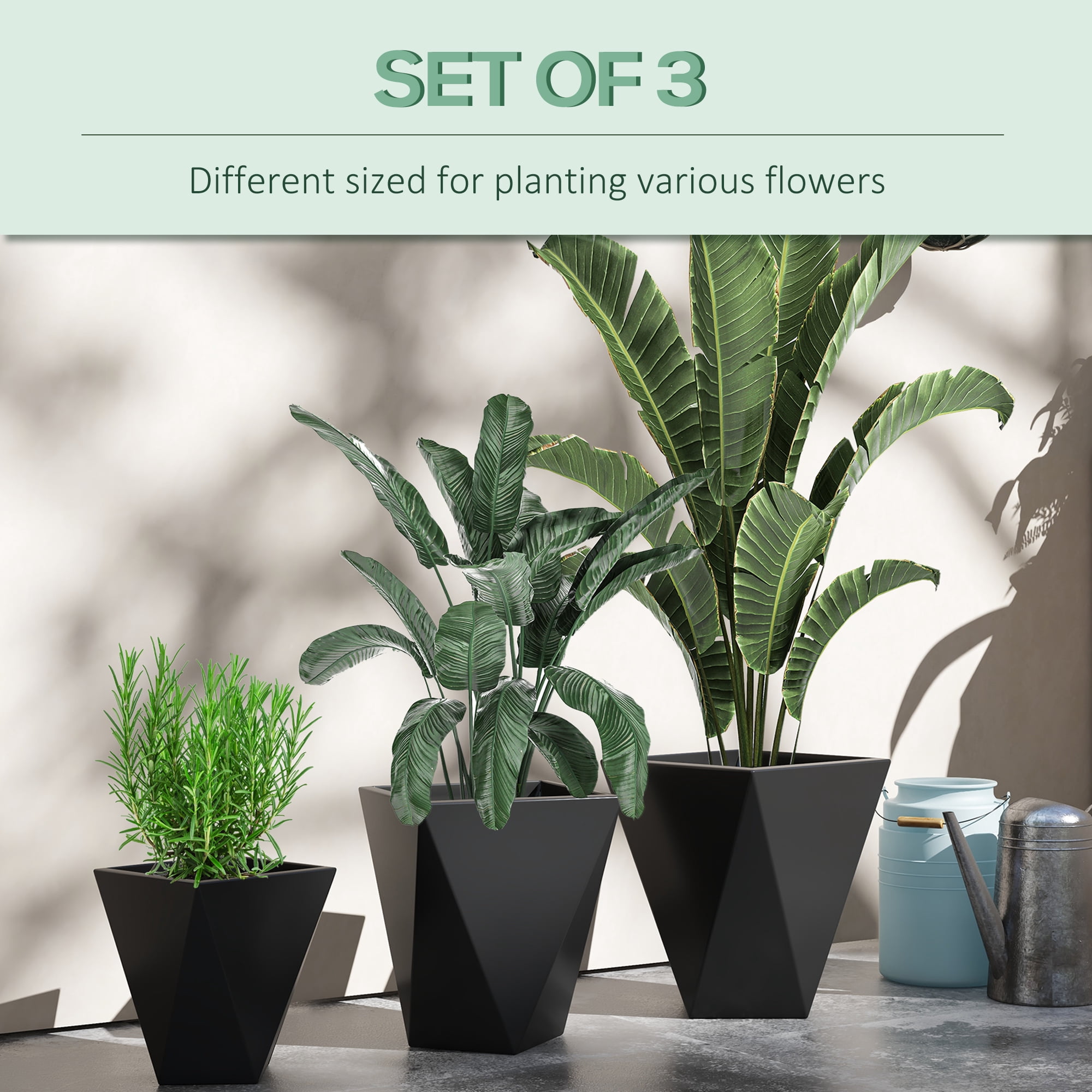 Set of 3 Tall Planters, 18", 15.25", 11.75", Indoor Outdoor Planters with Drainage Holes, Stackable Flower Pots for Garden, Patio, Balcony, Front Door, Black