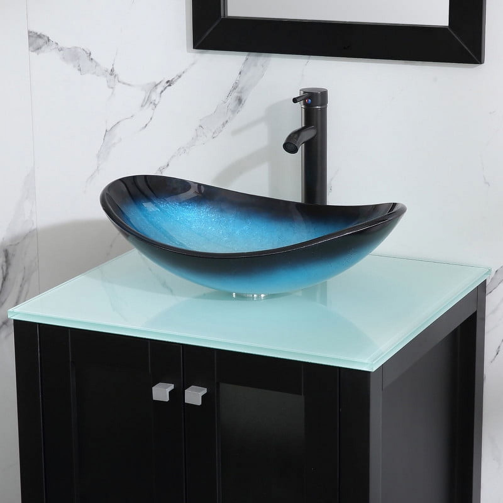 Walsport 24" Luxurious Bathroom Vanity with Blue Tempered Glass Vessel Sink Bowl and Countertop and Mirror and Faucet,Stand Floor Cabinet Bathroom Storage Vanity with Pop Up Drain,Black