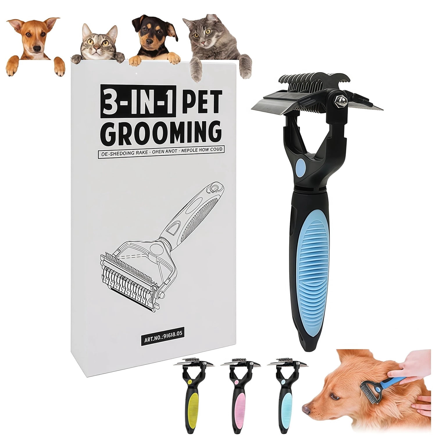 Pet Grooming Tool - Undercoat Rake, Dematting Comb & Deshedding Brush for Cats & Dogs , Dematting Comb for Shedding and Detangling Long Haired Pets