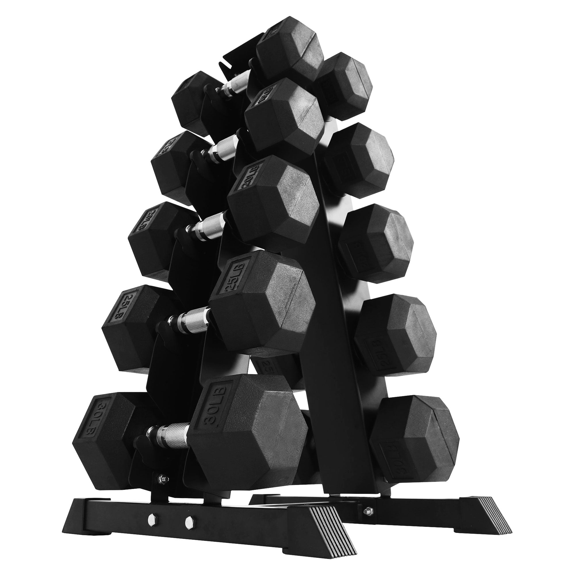 BalanceFrom Rubber Coated Iron Dumbbell Hex Weights Set with A-Frame Rack, Black