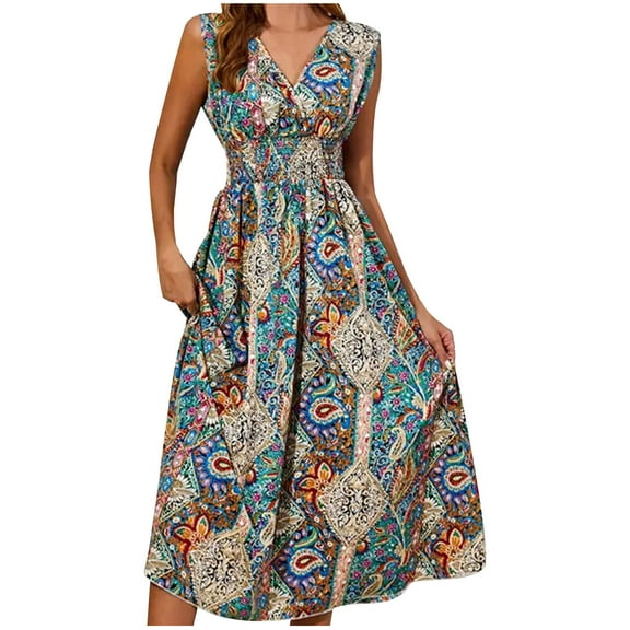 Drses Women's Boho Paisley Maxi Dress V Neck Cap Sleeve Smocked Ruffled A Line Long Summer Dresses