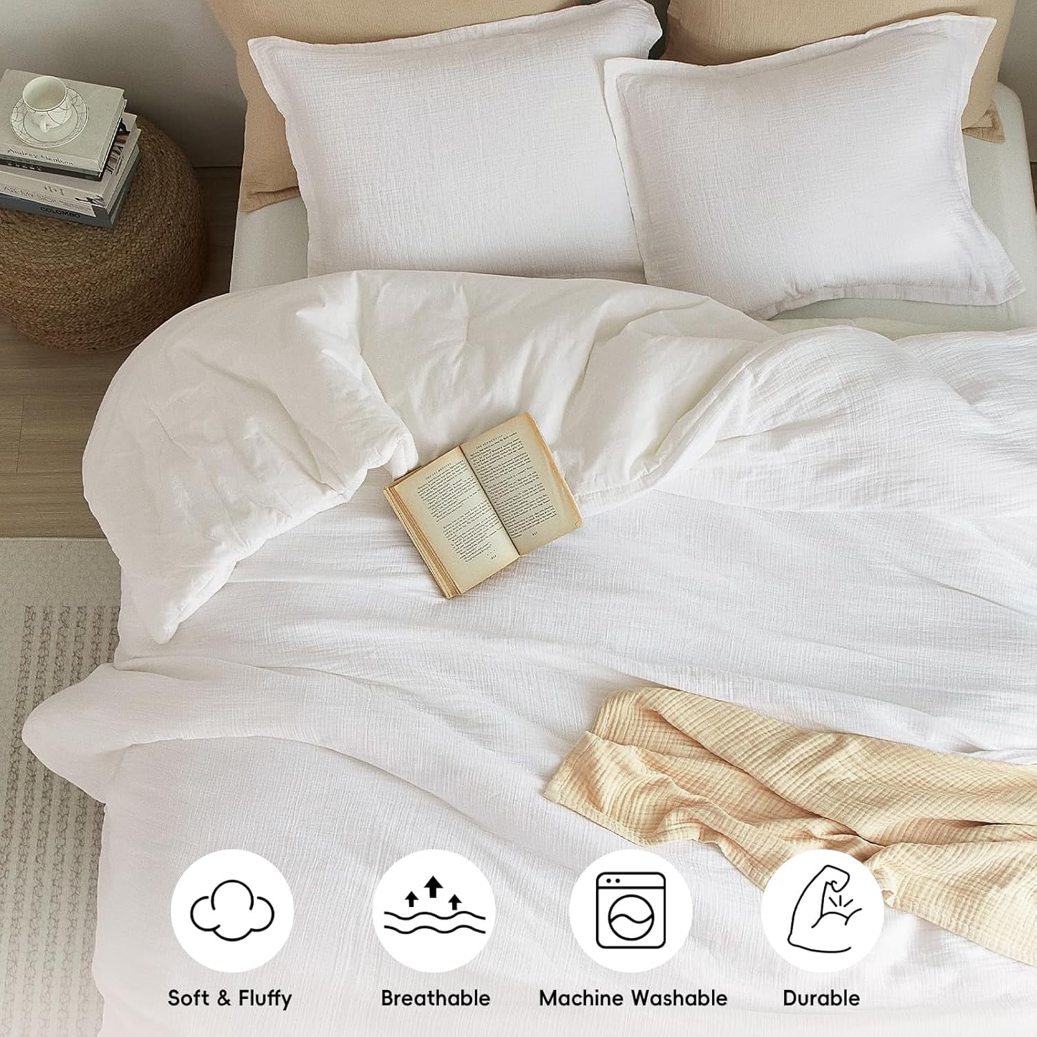 PHF Cotton Muslin Comforter Set King Size, Ultra Soft, Breathable & Lightweight Bedding Set for All Seasons, 1 Comfy Comforter 104"x90", 2 Pillow Shams 20"x36", White