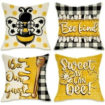 Spring Summer Honey Bee Kind Decorative Throw Pillow Covers 18 x 18 Set of 4, Yellow Bumble Bee Sweet As Can Bee Our Guest Outdoor Pillowcase, Buffalo Plaid Farmhouse Cushion Case Home Decor