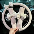 thumbnail image 2 of Steering Wheel Cover, Universal Car Accessory for Diverse Cars, 15 Inches, Beige Cover with Bow, 2 of 9