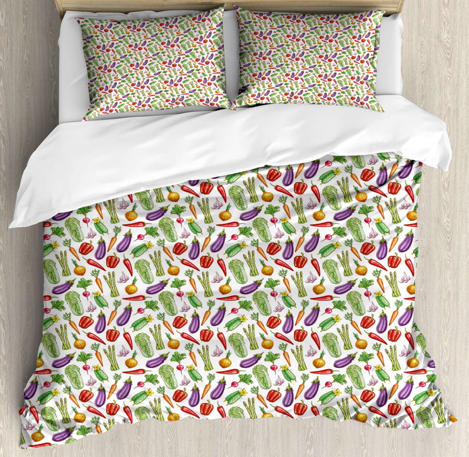 Vegetable Art Duvet Cover Set King Size, Detailed Eggplant Cucumber