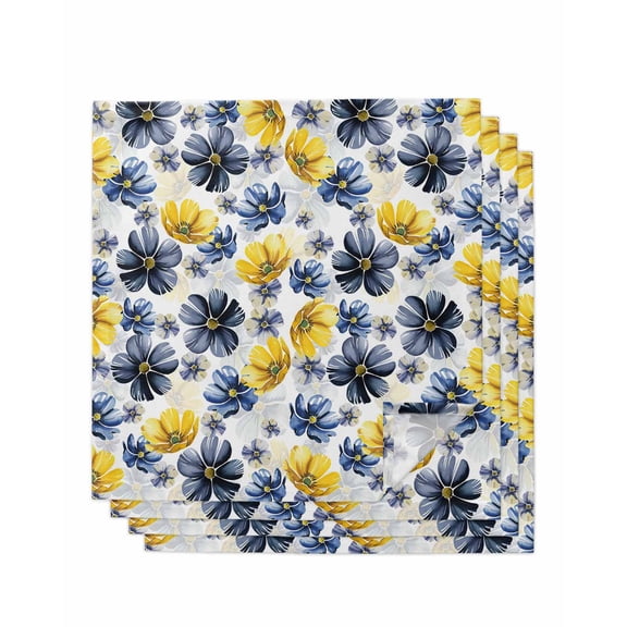 Blue Yellow Flower Cloth Napkins Set of 4 Reusable Dinner Napkins, Retro Country French Daisy Floral Cocktail Napkin Washable Table Napkins for Wedding/Holiday Party/Baby Shower 20"x20"