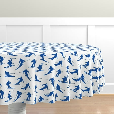 

Cotton Sateen Tablecloth 70 Round - Blue Downhill Skiiers Snow Winter Outdoors Nature Racing Skiing Ski Print Custom Table Linens by Spoonflower