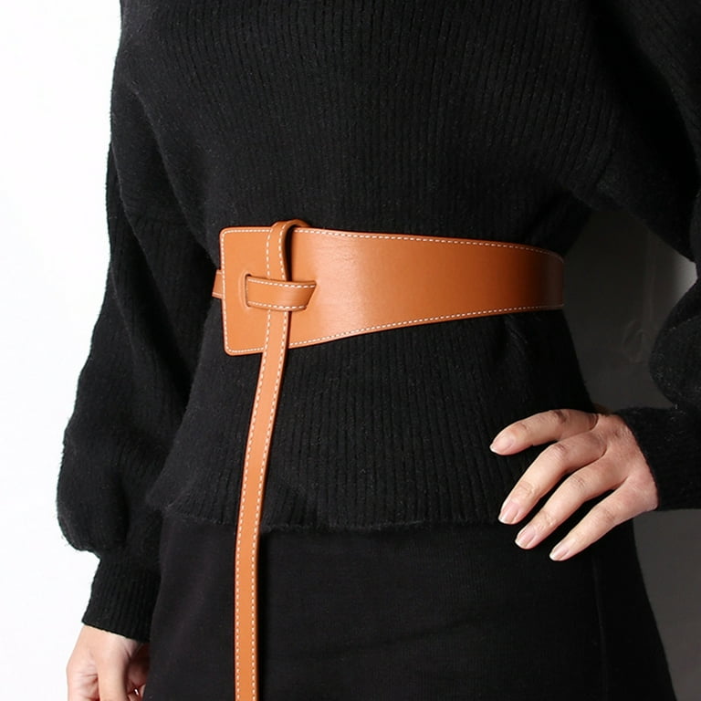 Brown Faux Leather Wide Stretch Belt with Covered Belt Buckle