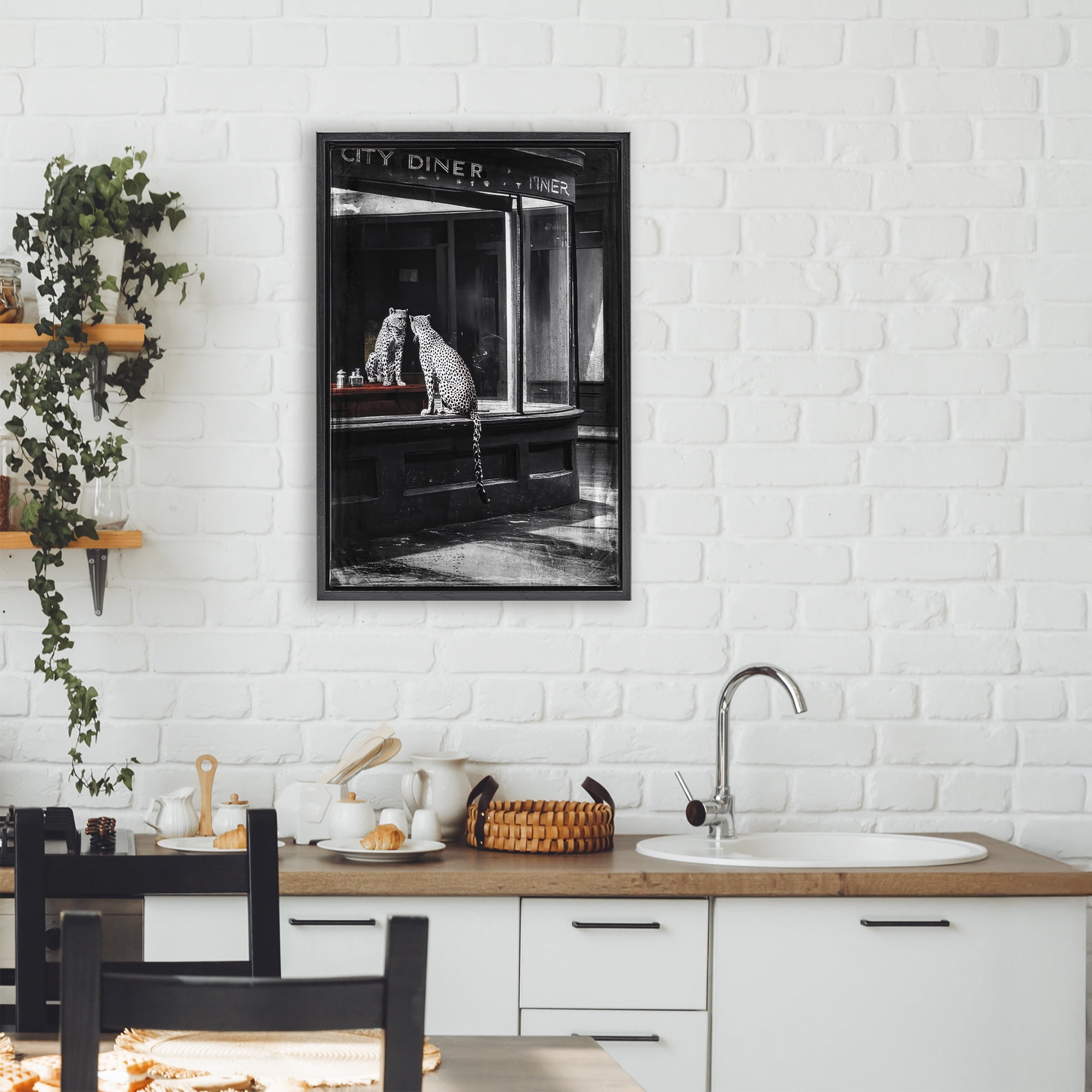 Stupell Industries Diner Noir Leopard Reflection Black Framed Floater Canvas Wall Art, design by Annabelle Hall