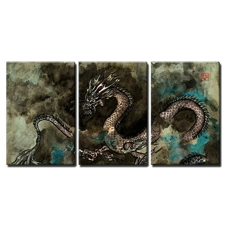 - wall26 - 3 Piece Canvas Wall Art - Traditional Ink Painting of a Fierce Chinese Dragon - Modern Home Decor Stretched and Framed Ready to Hang - 24