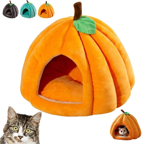 Pumpkin Cat Bed, Cute Pumpkin Cat House with Removable Cushion, Cozy Cat Cave Bed for Indoor Cats Small Dogs