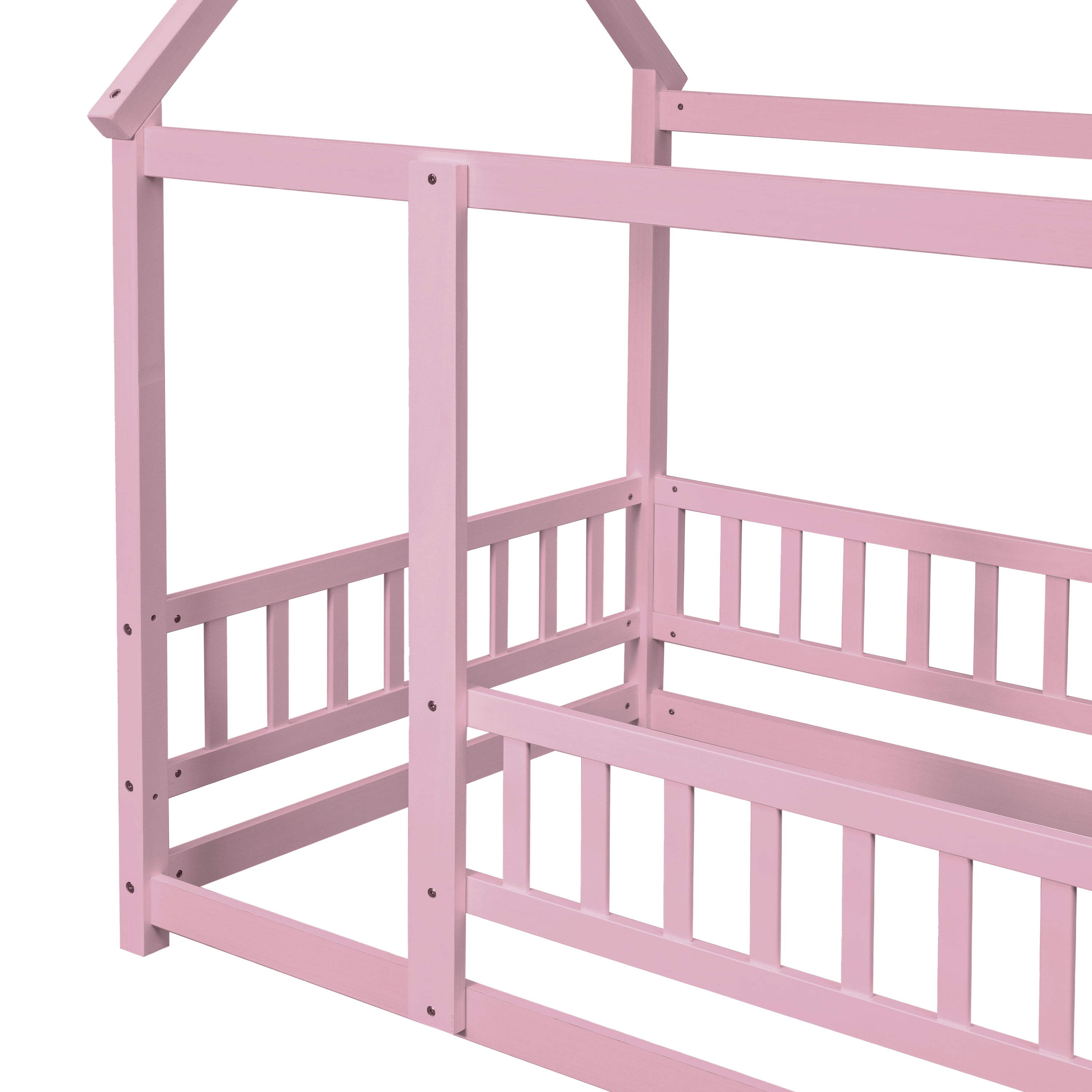 Miniyam Kids Twin Montessori House Floor Bed with Fence, Wood Roof Frame, Pink