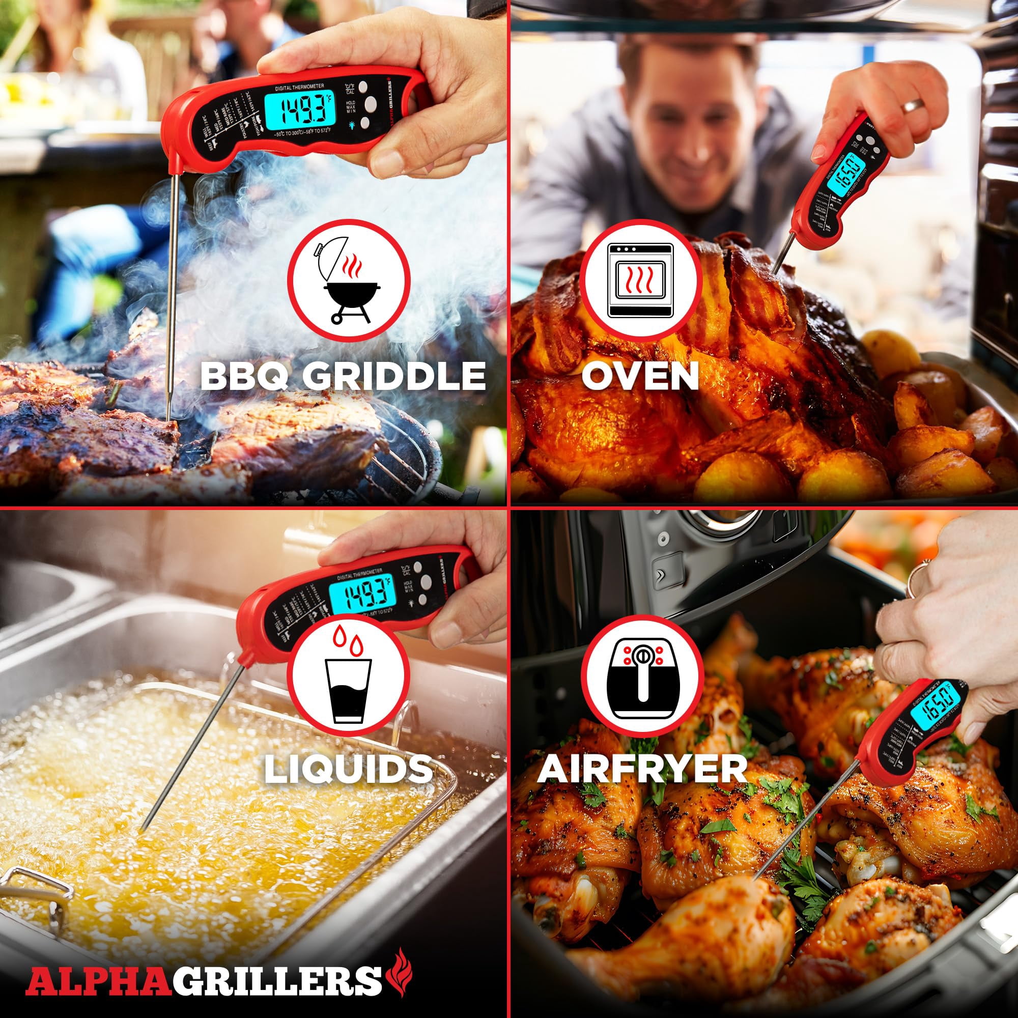 Alpha Grillers Instant Read Meat Thermometer for Cooking and BBQ Griddle - Waterproof w/Backlight & Calibration for Food, Oven, Air Fryer Accessories, Kitchen Essentials, Stocking Stuffer Gifts C43