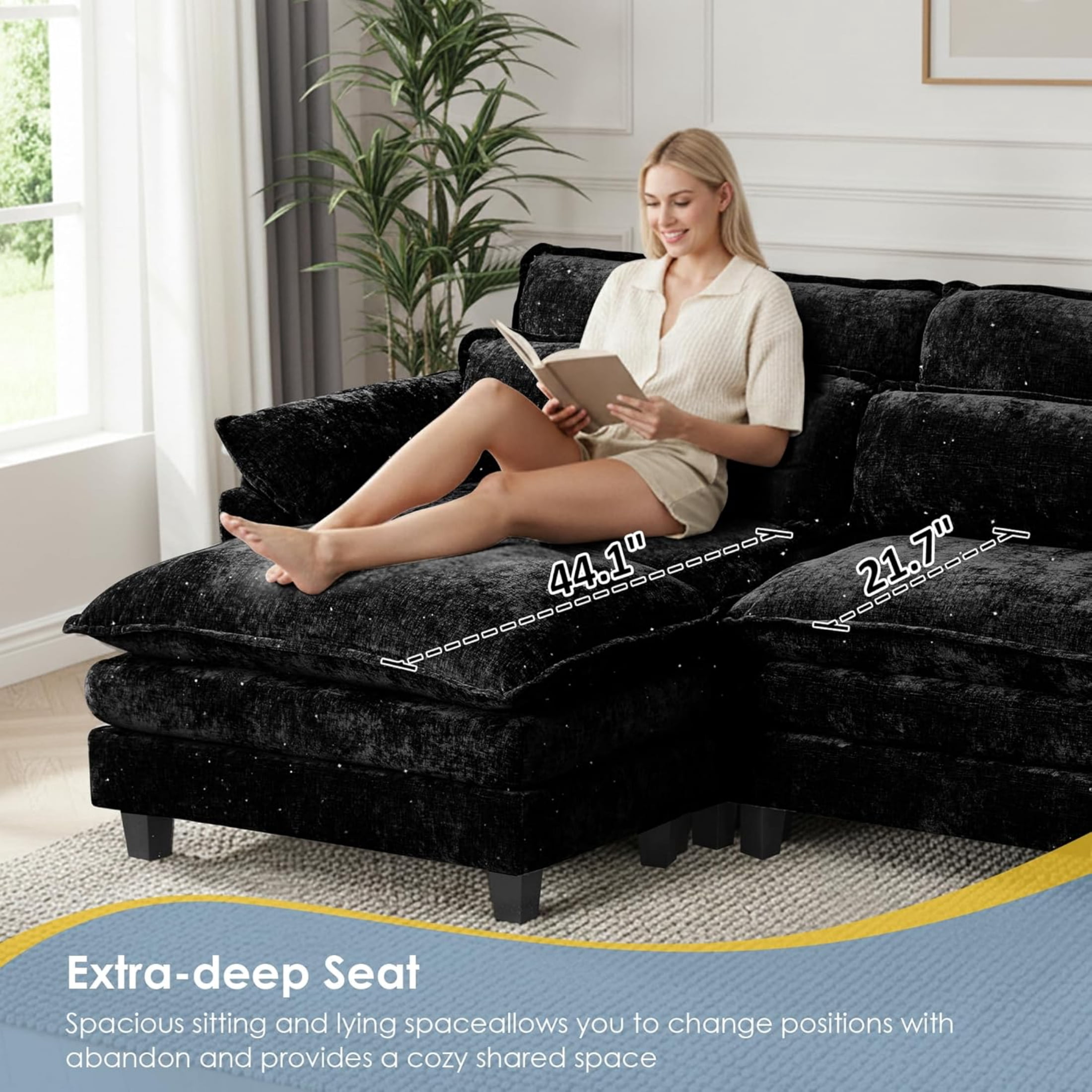 EPOWP Cloud Modular Sectional Sofa with Movable Ottoman, Comfy L Shaped Couch for Living Room, Chenille, 5-Seat, Stardust Black
