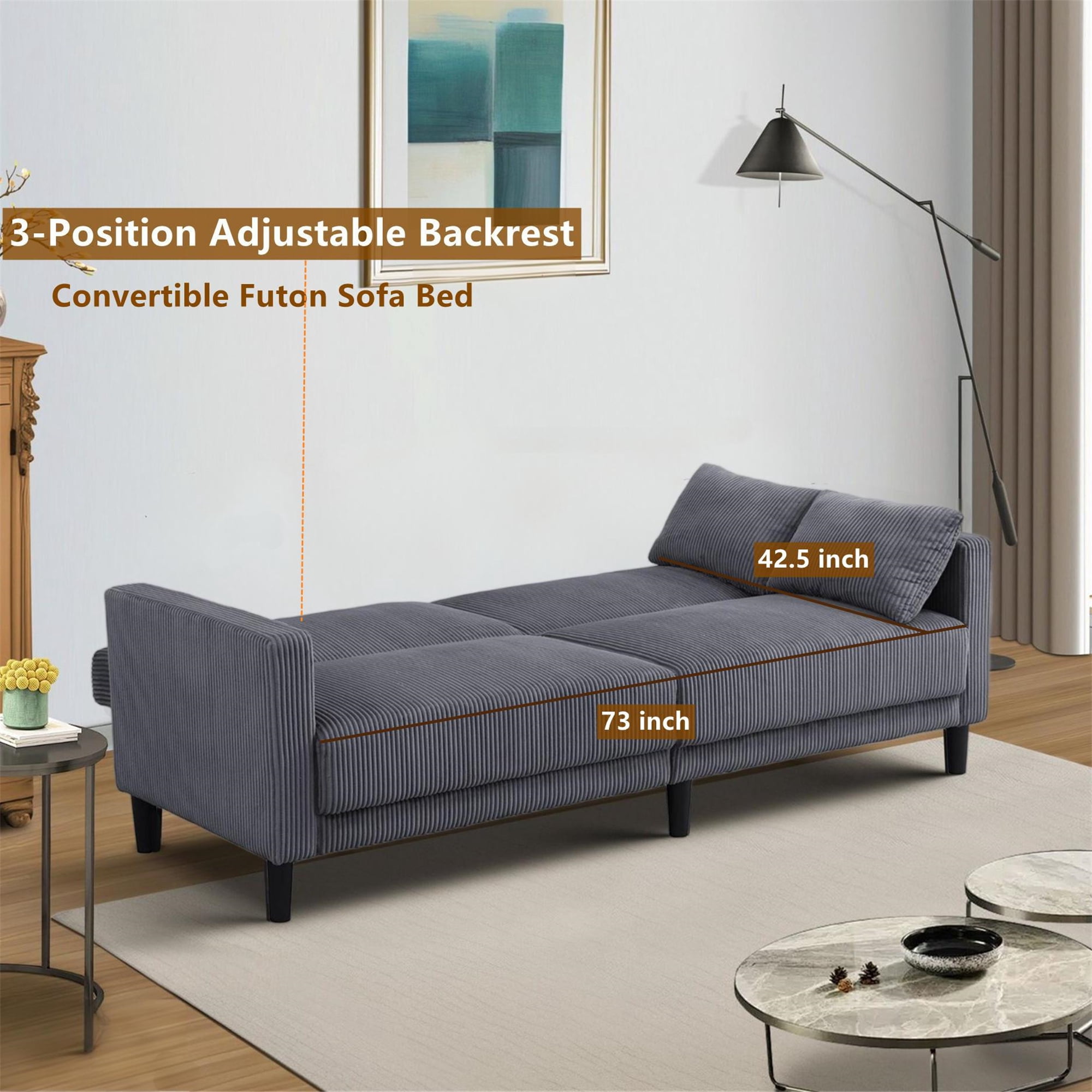 Aukfa 81" Oversized Futon Convertible Sofa Bed for Living Room, 2 Pillow, Corduroy Couch, Dark Gray