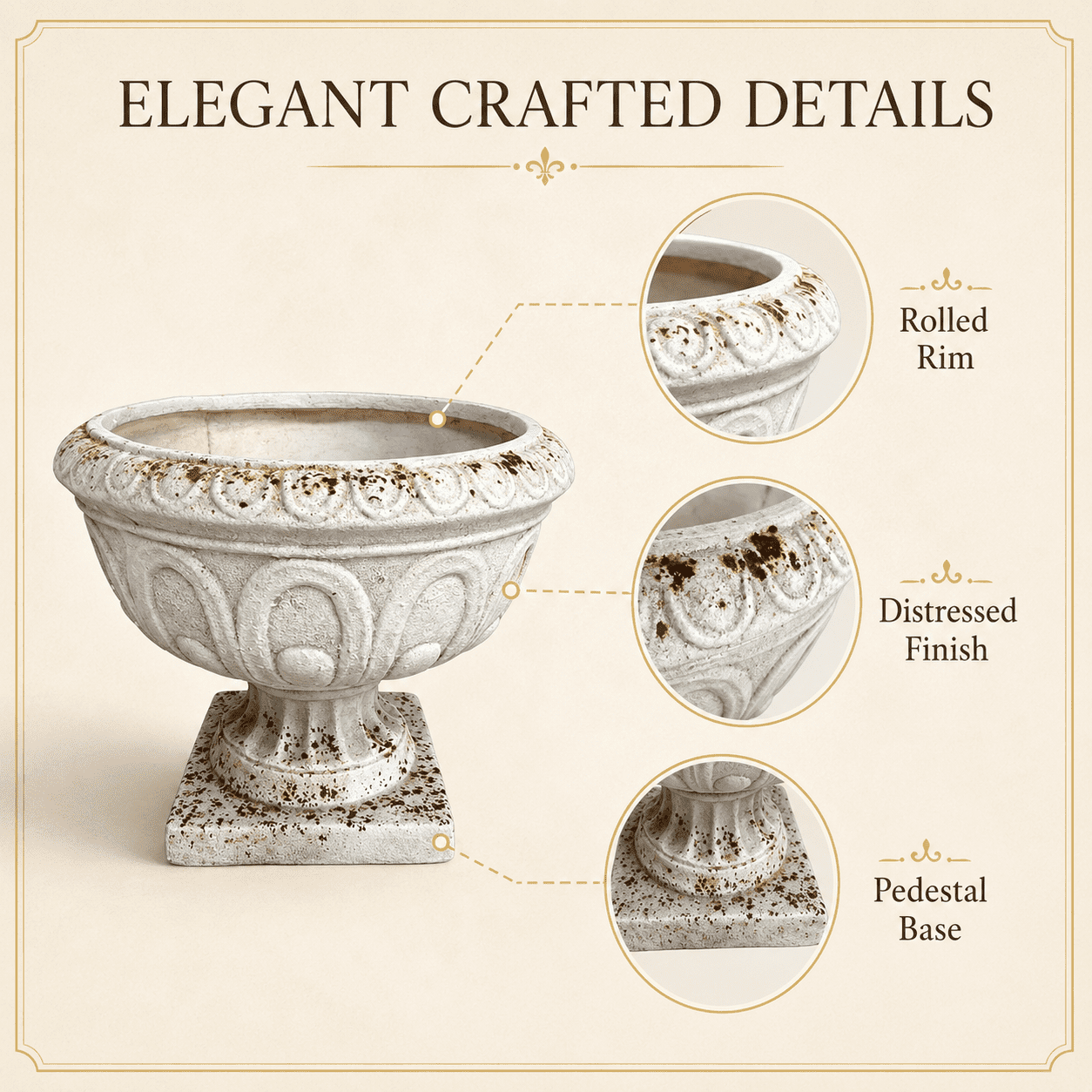 Aukfa Large MGO Garden Urn Planter, Outdoor Tall Decorative Stone-Look Flower Pot with Drainage Hole & Weather-Resistant, White