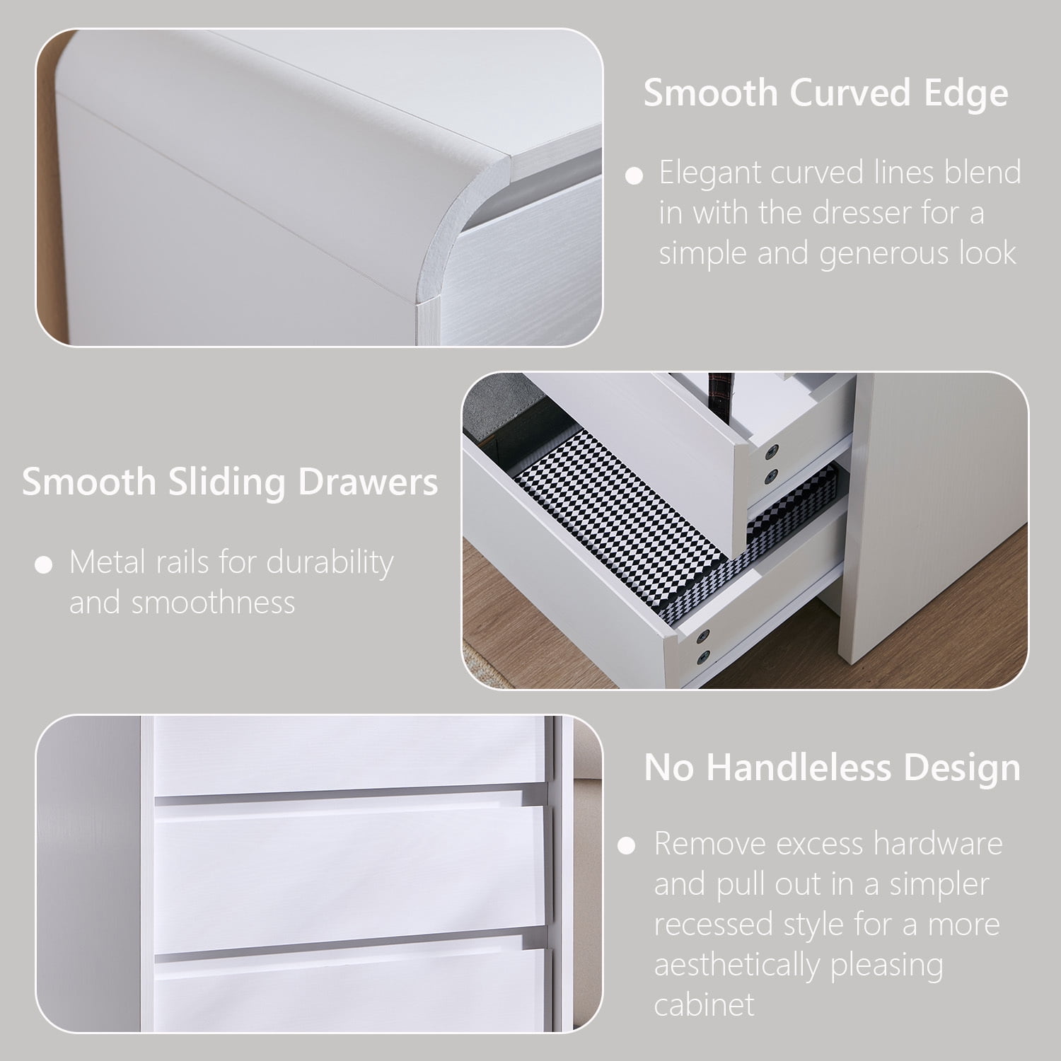 wow97e Modern Nightstand with Charging Station, 3 Drawer Wood Bedside Table w/Curved Profile Design for Bedroom