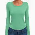 thumbnail image 5 of felwors Womens Crewneck Long Sleeve Shirt Double Lined Basic Tees Side Ruched Going Out Crop Tops Light Green, S, 5 of 6